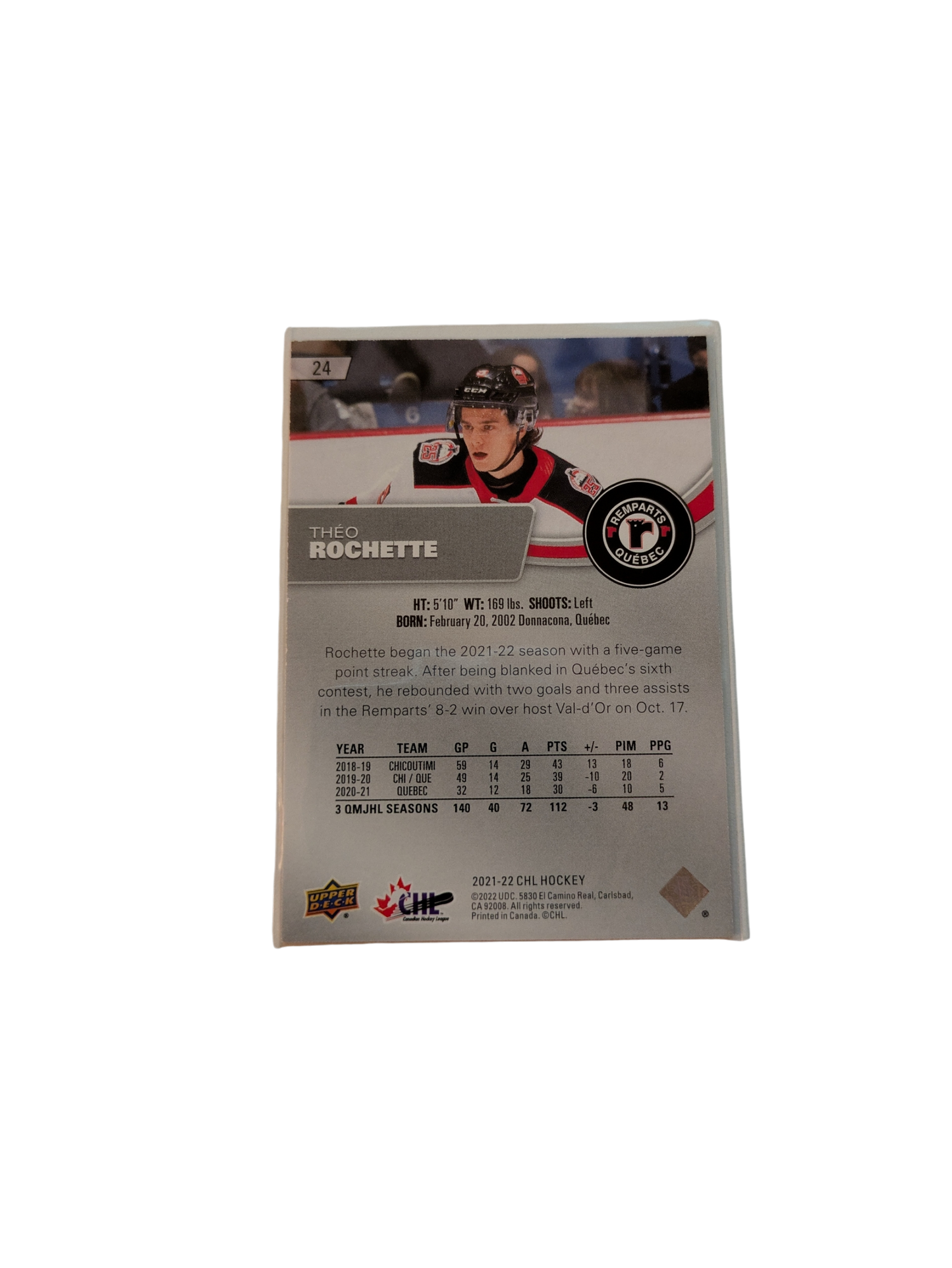 2021 Upper Deck Exclusives Quebec Remparts Theo Rochette Auto card
