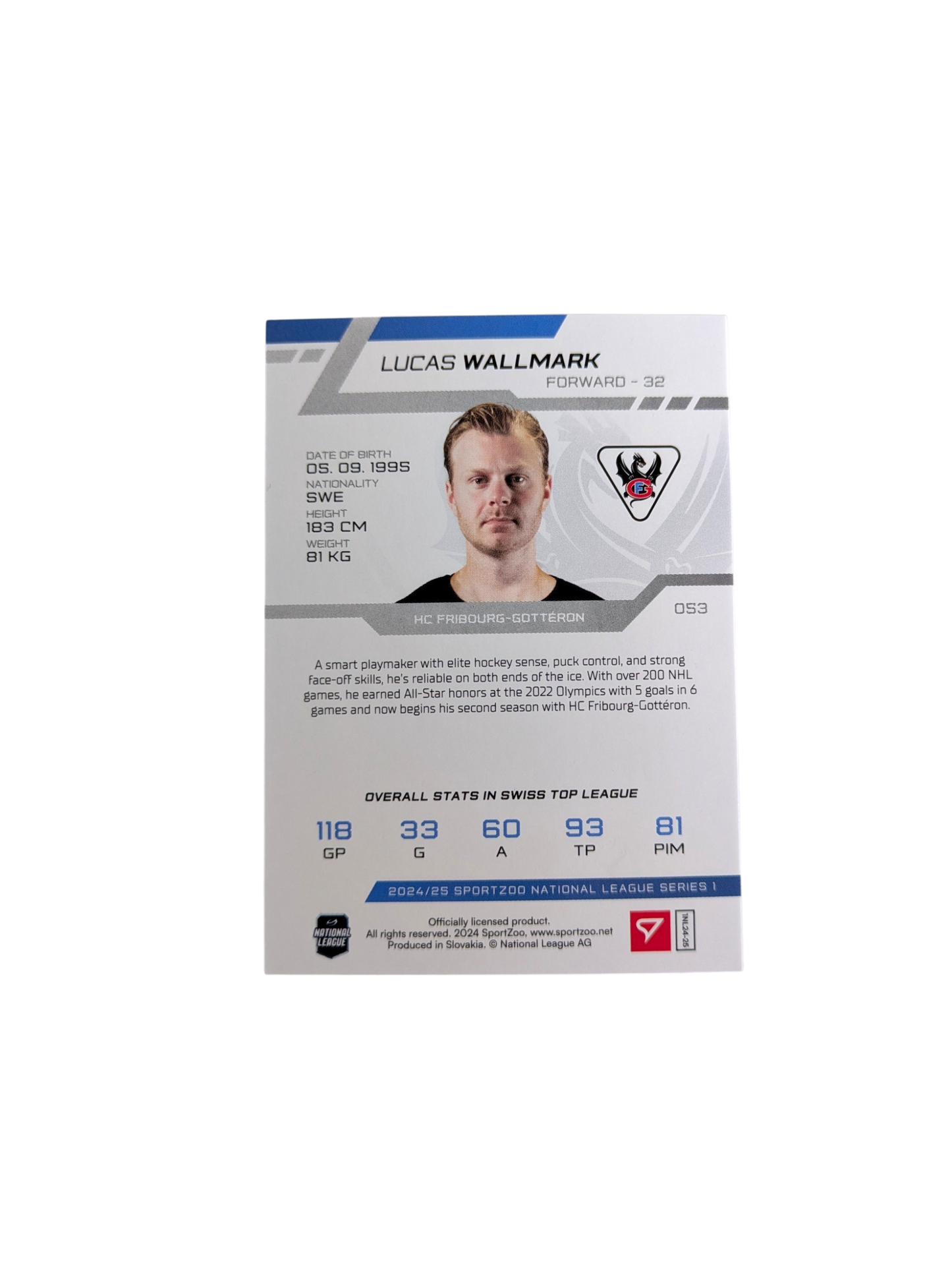 2024 SportZoo National League Fribourg-Gottéron Lucas Wallmark 1/1 card