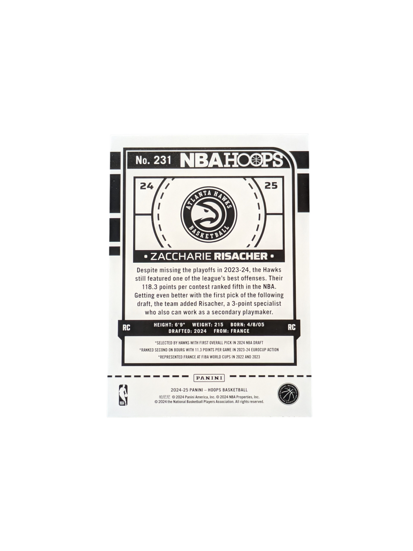 2024 Panini NBA Hoops Atlanta Hawks Zaccharie Risacher #231 Rookie card
