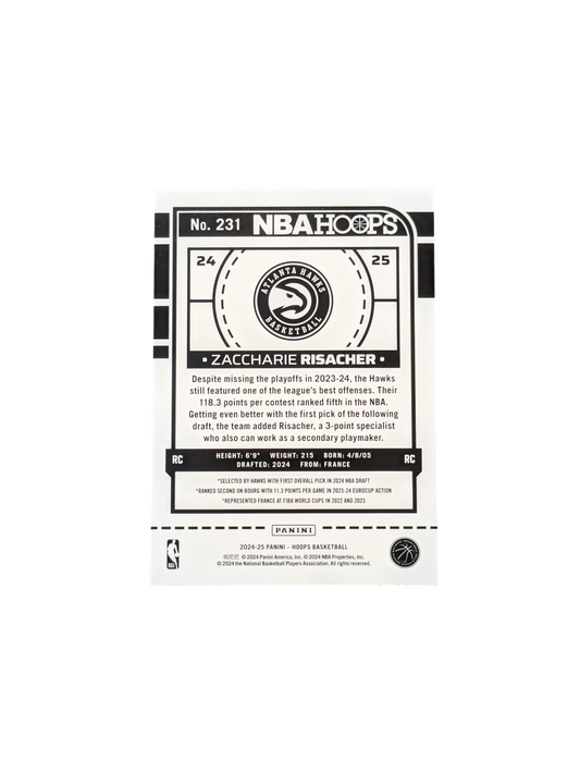 2024 Panini NBA Hoops Atlanta Hawks Zaccharie Risacher #231 Rookie card