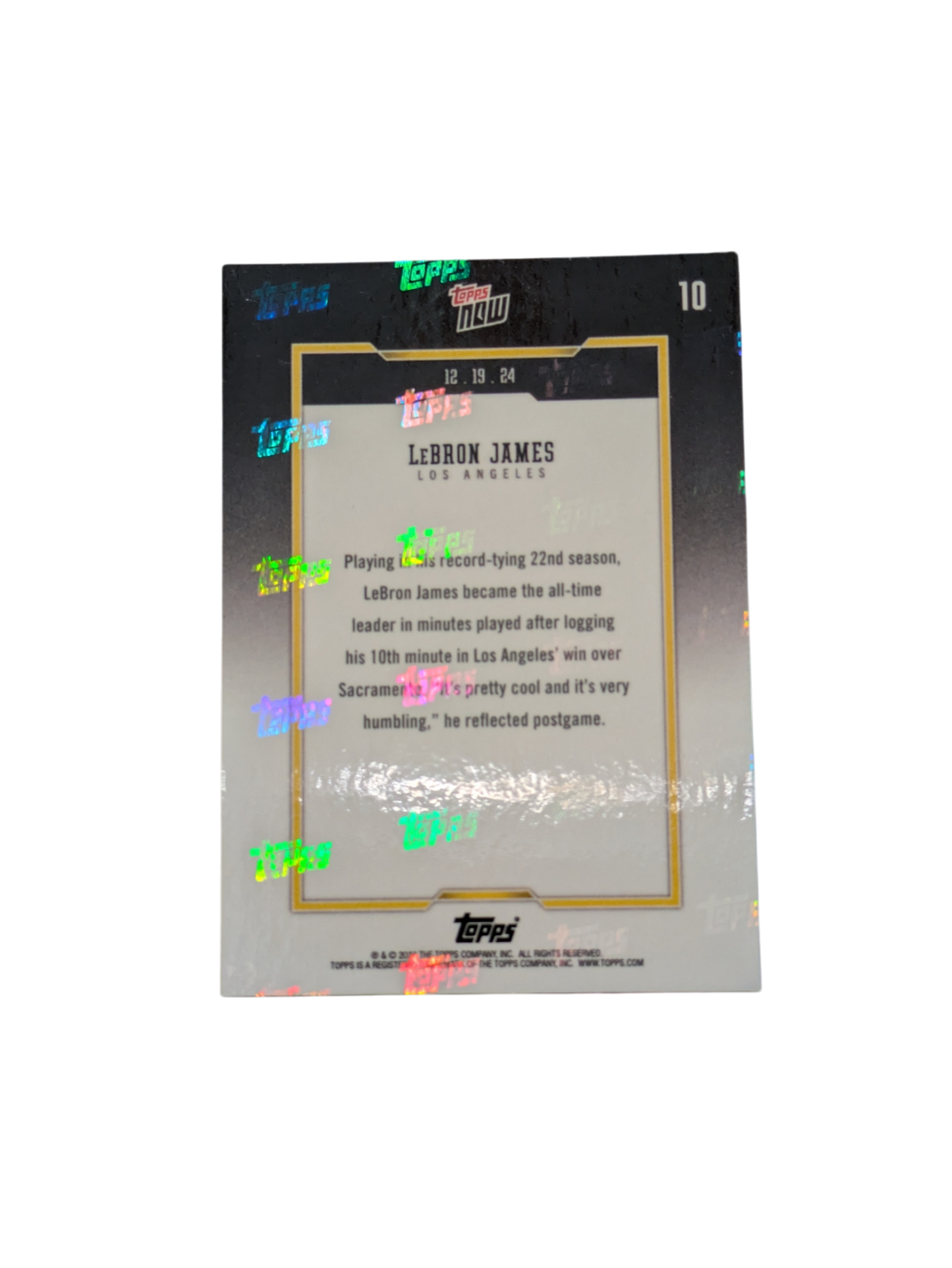 2024 Topps Now Los Angeles Lakers LeBron James All Time Leader Minutes Played card