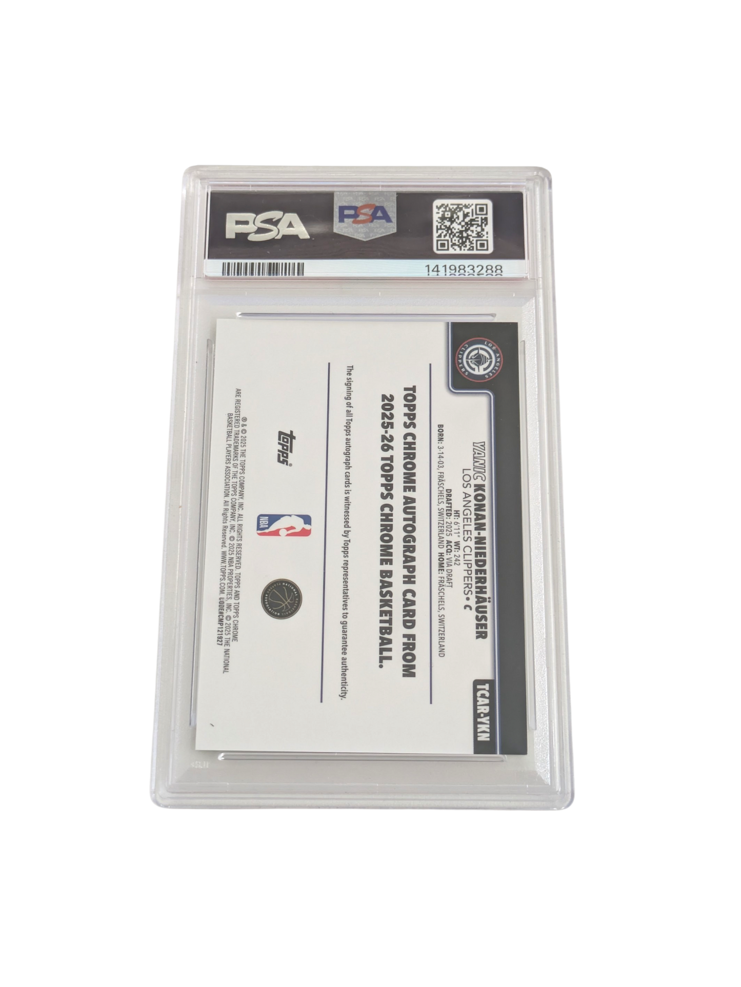 2025 Topps Chrome Yanic Konan Niederhauser Rookie Auto Card PSA 9