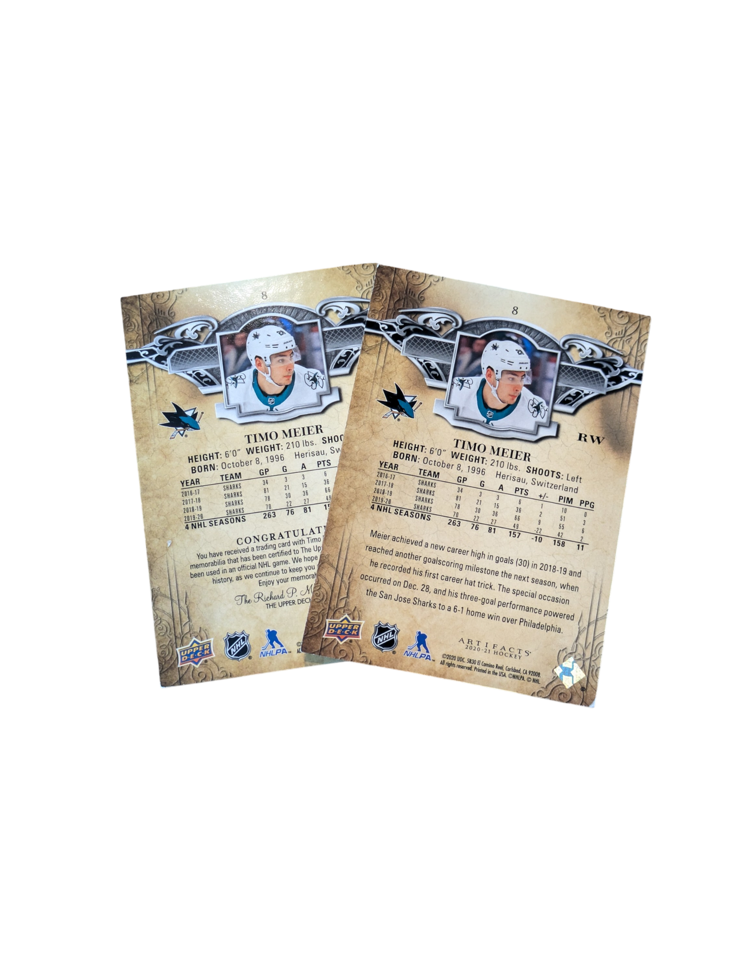 2020 Upper Deck Artifacts San Jose Shark Timo Meier #8 Base & Double Patch Bundle