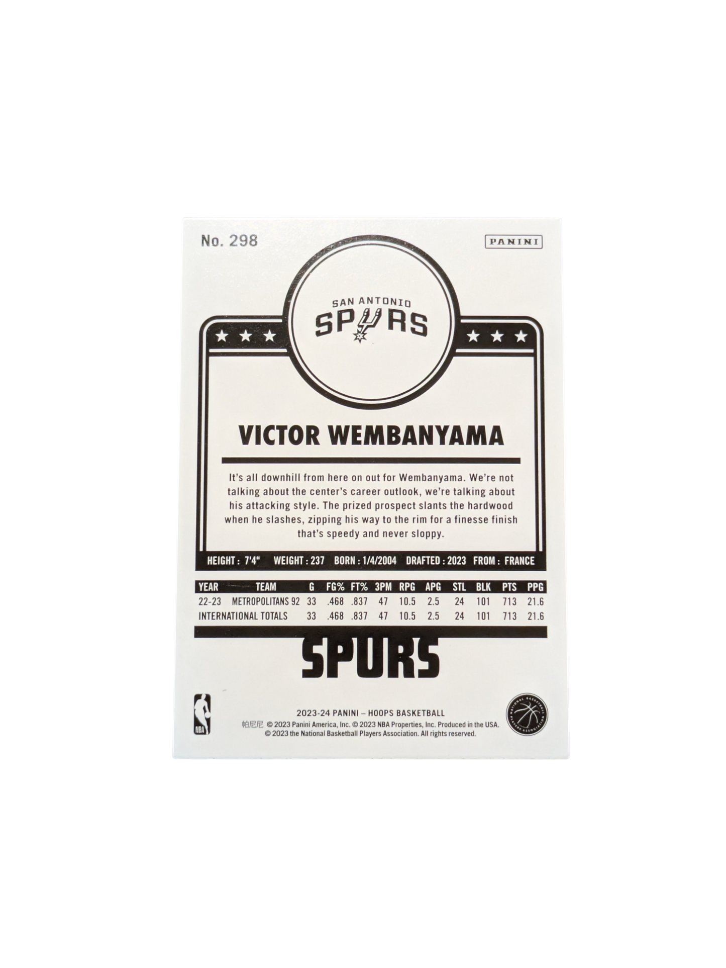 2023/24 Panini NBA Hoops San Antonio Spurs Victor Wembanyama #298 Rookie card