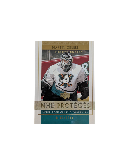 2002 Upper Deck Anaheim Mighty Ducks Martin Gerber NHL Protégés 0105/1500 card