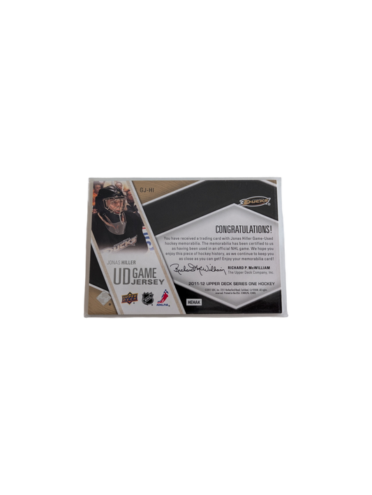 2011 Upper Deck Game Jersey Anaheim Ducks Jonas Hiller Patch GJ-HI card