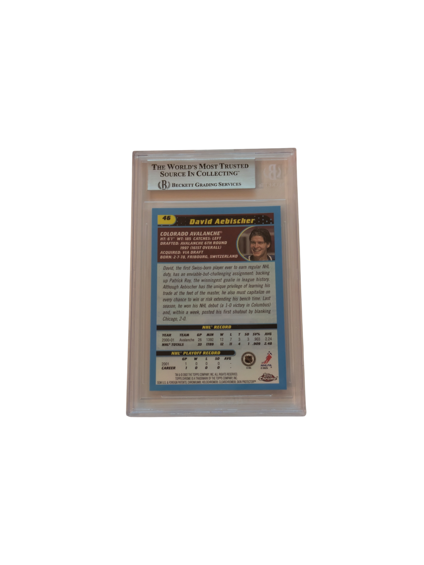 2001 Topps Chrome Colorado Avalanche David Aebischer #46 Beckett card