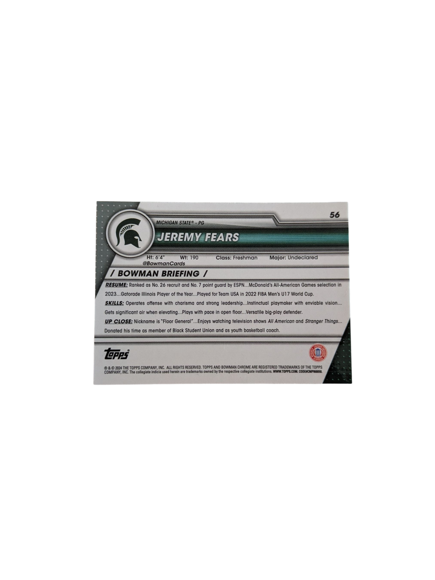 2024 Topps Bowman U Chrome Jeremy Fears Junior #56 Purple Card