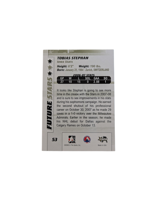 2008 In The Game Iowa Stars Tobias Stephan Between the Pipes Auto card