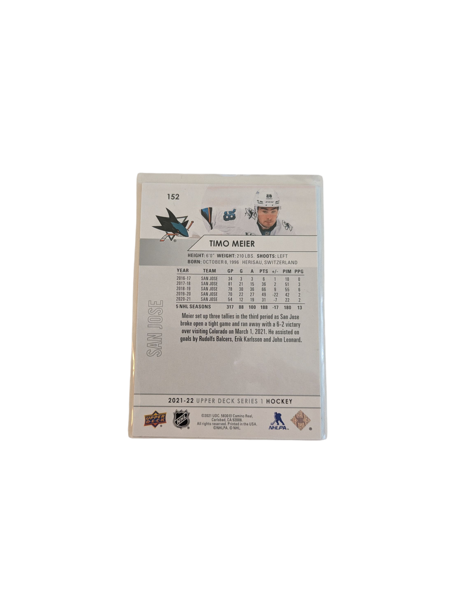 2021 Upper Deck Series 1 San Jose Sharks Timo Meier #152 Card