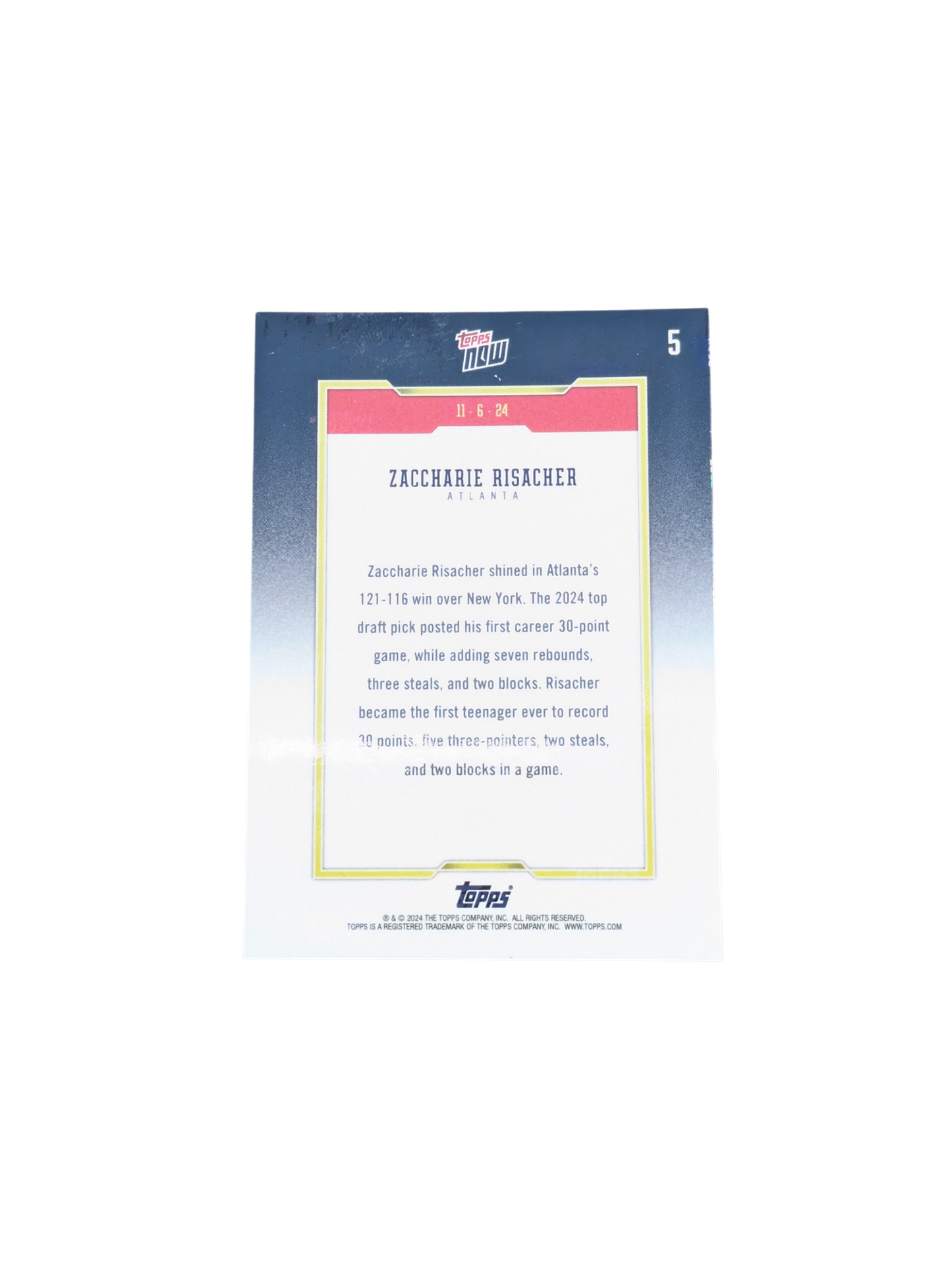 2024 Topps Now Atlanta Hawks Zaccharie Risacher History Rookie Card