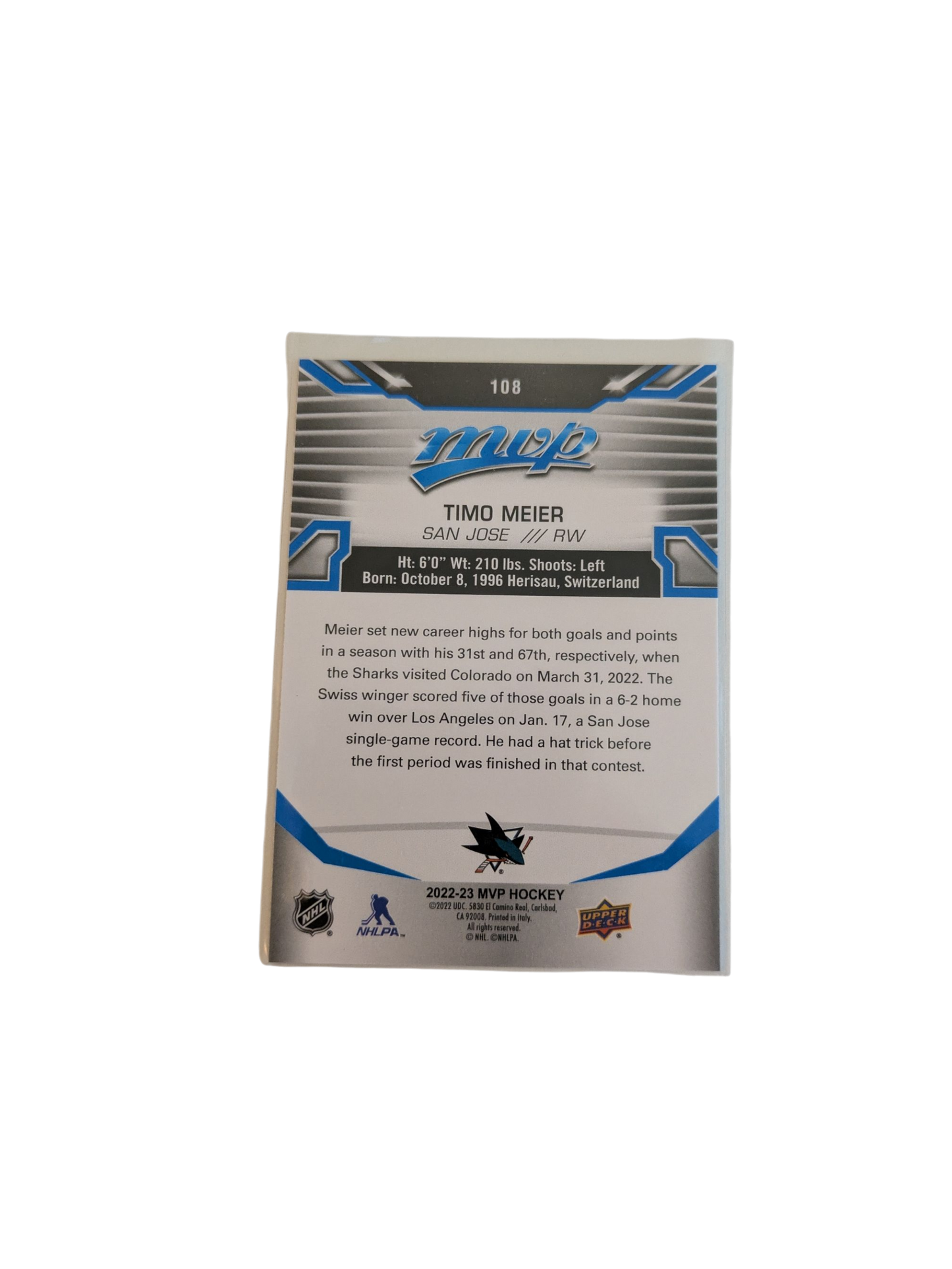 2021 Upper Deck MVP San Jose Sharks Timo Meier #108 Card