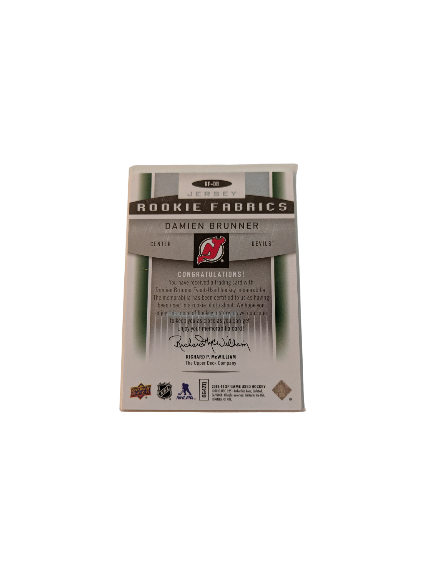 2013 Upper Deck Rookie Fabrics New Jersey Devils Damien Brunner Jersey Patch card
