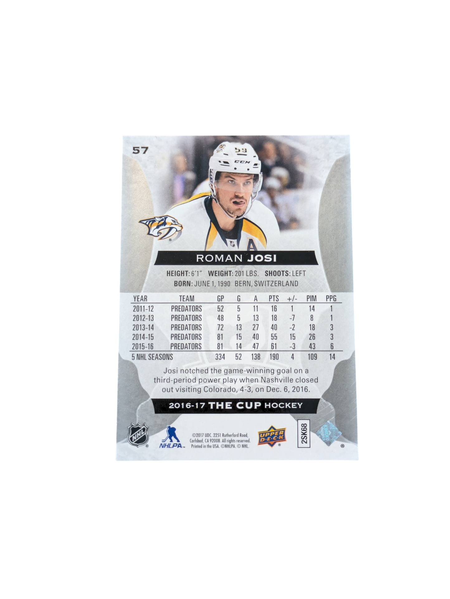 2016 Upper Deck The Cup Hockey Nashville Predators Roman Josi 222/249 card