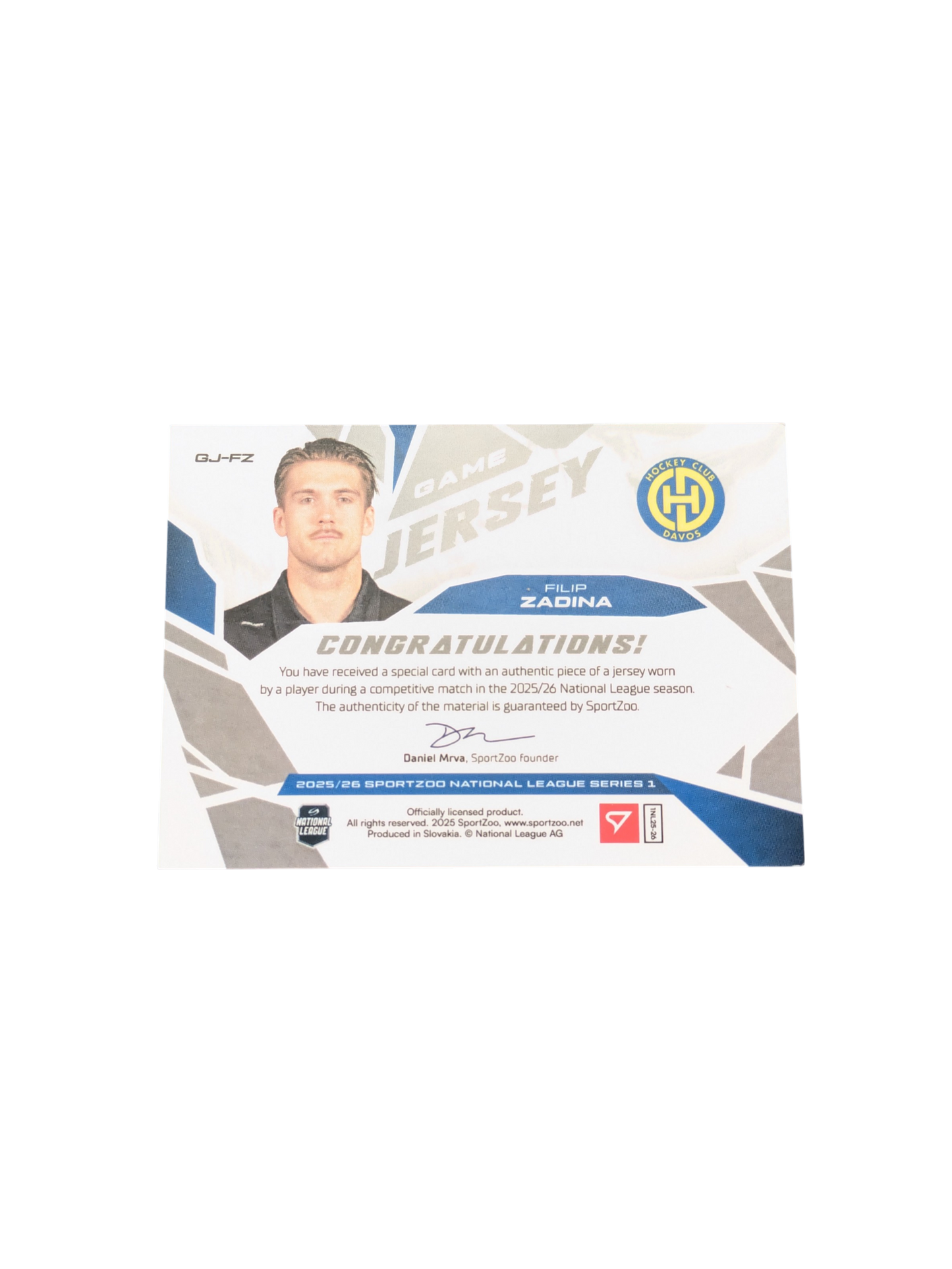 2026 SportZoo National League Series 1 Davos Filip Zadina Game Jersey /85 Patch card
